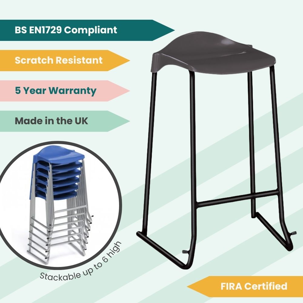 
Promotional graphic of sled-base stool with tags for BS EN1729 compliance, scratch resistance, 5-year warranty, UK manufacture, and stackability up to 10 high, suitable for educational and office use.
