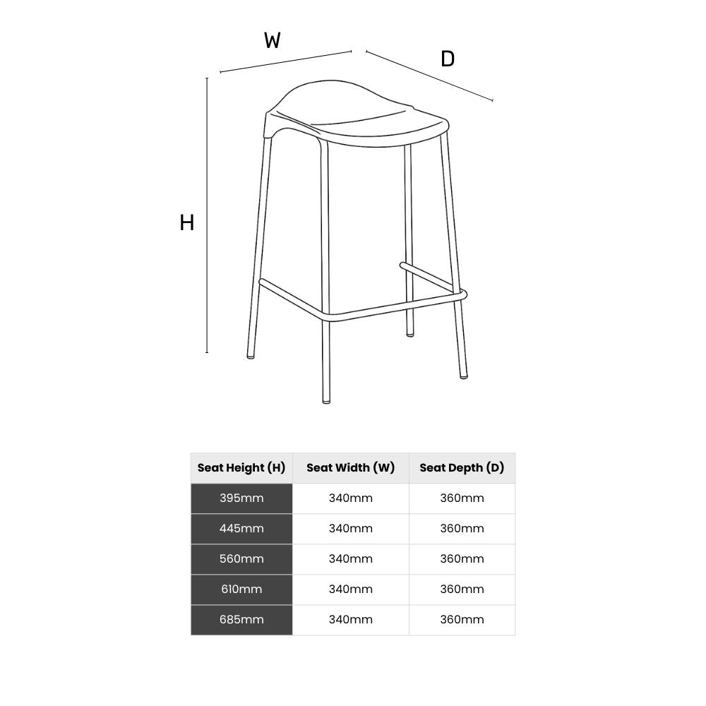 
Technical diagram showing sled-base stool dimensions with seat height options from 395mm to 685mm, suitable for educational and office environments.
