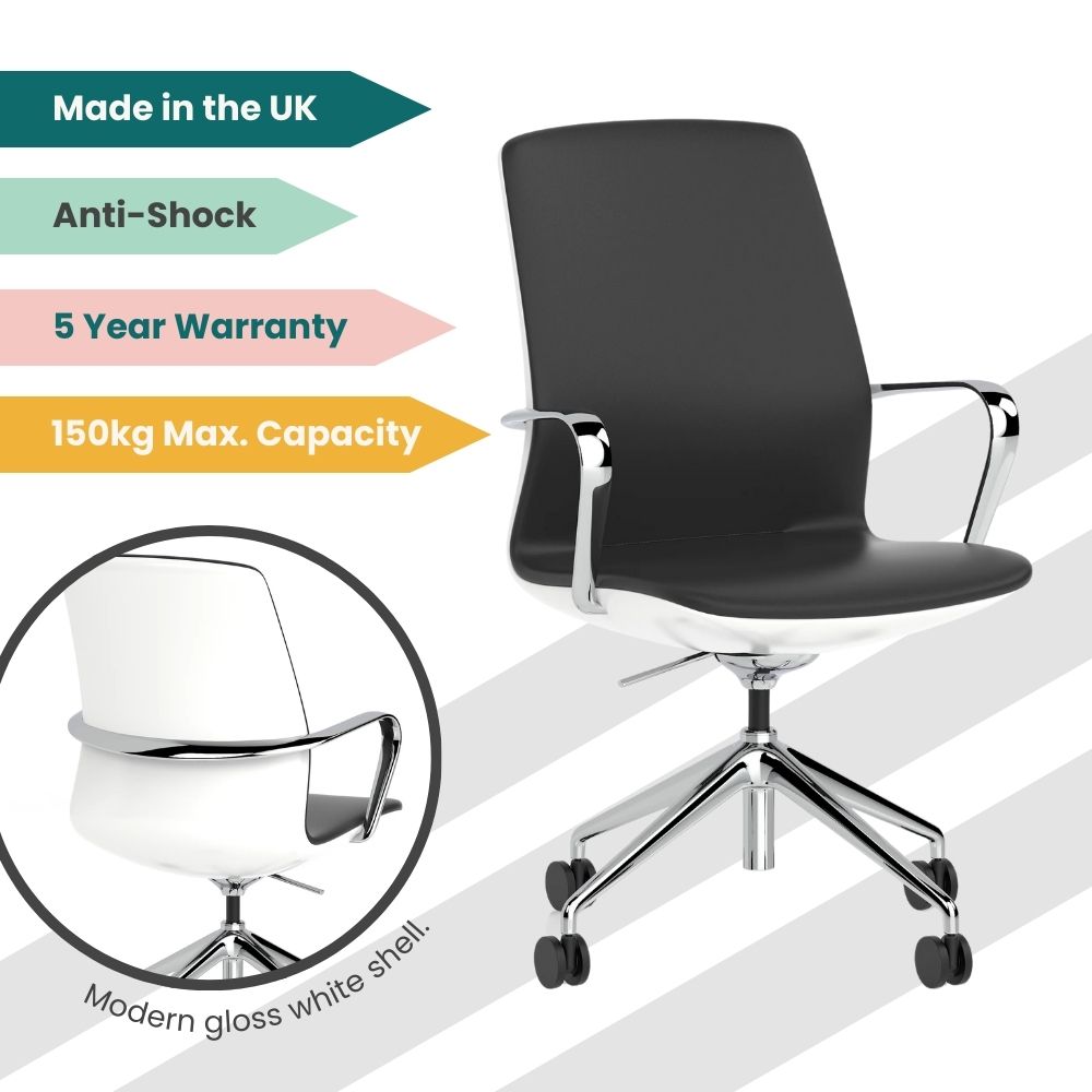 Sleek black mid-back task chair with chrome base and glossy white shell, highlighted with UK manufacturing badge, anti-shock feature, 150kg capacity, and 5-year warranty.