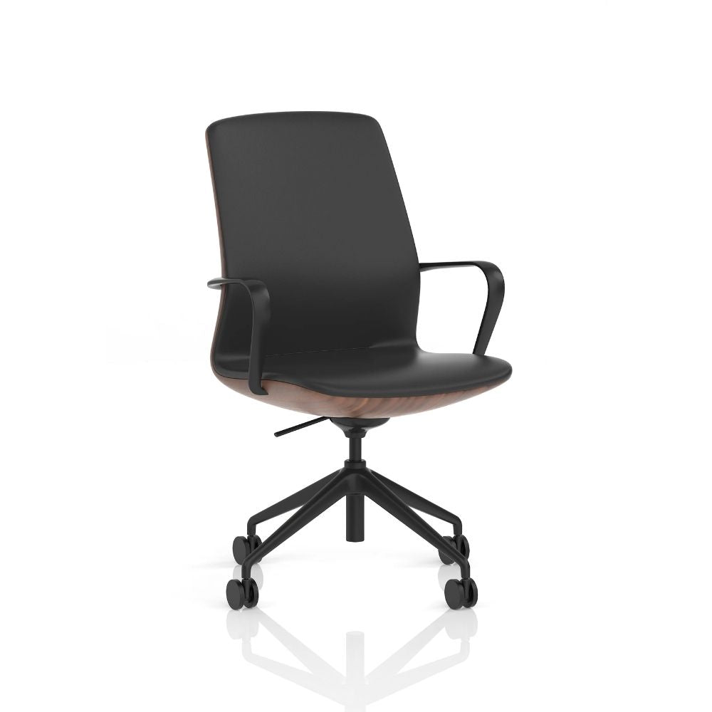 Stylish mid-back task chair with black seat and backrest, matte black frame and base, and a walnut effect shell, presented on a plain white background.