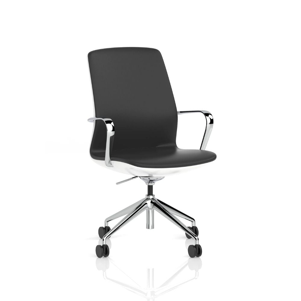 Modern mid-back task chair with black seat and backrest, chrome armrests and base, and a glossy white outer shell, shown against a plain white background.