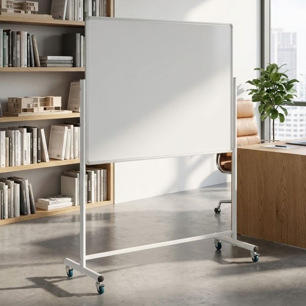 A sleek mobile whiteboard positioned in front of a bookshelf and next to a wooden desk with a leather chair in a well-lit executive office.