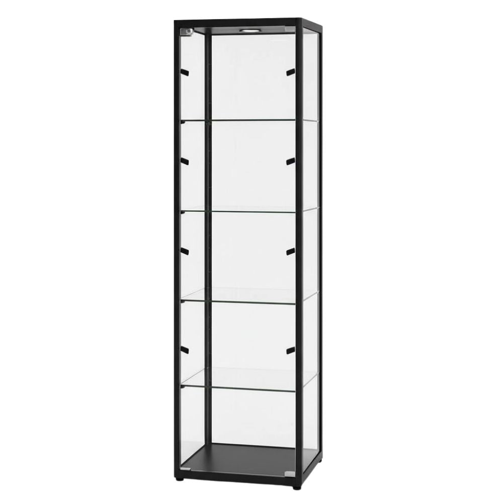 Tall narrow black glass display unit with four glass shelves, lockable bottom section, and LED lighting.