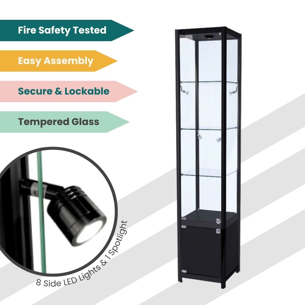 Narrow black showcase with tempered glass shelves, lockable storage, and LED lighting certified for fire safety compliance.