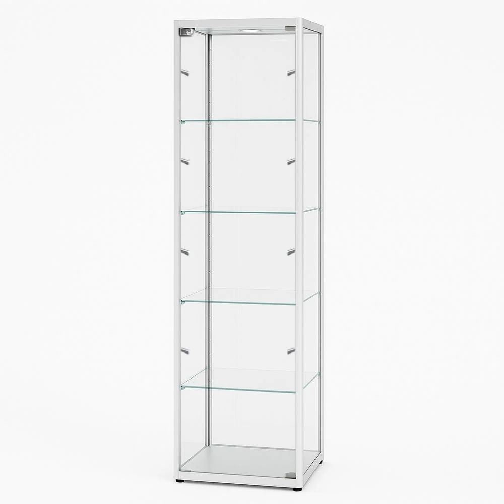 Tall narrow silver glass display cabinet with tempered shelves, integrated LED spotlight, and lockable design for retail or exhibition use.