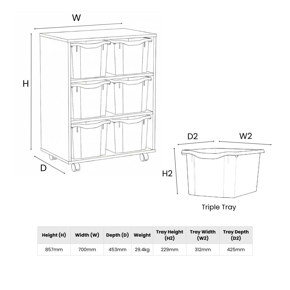 Line drawing showing dimensions and measurements of a small wooden storage unit with six trays, including height, width, depth, tray sizes, and total weight.