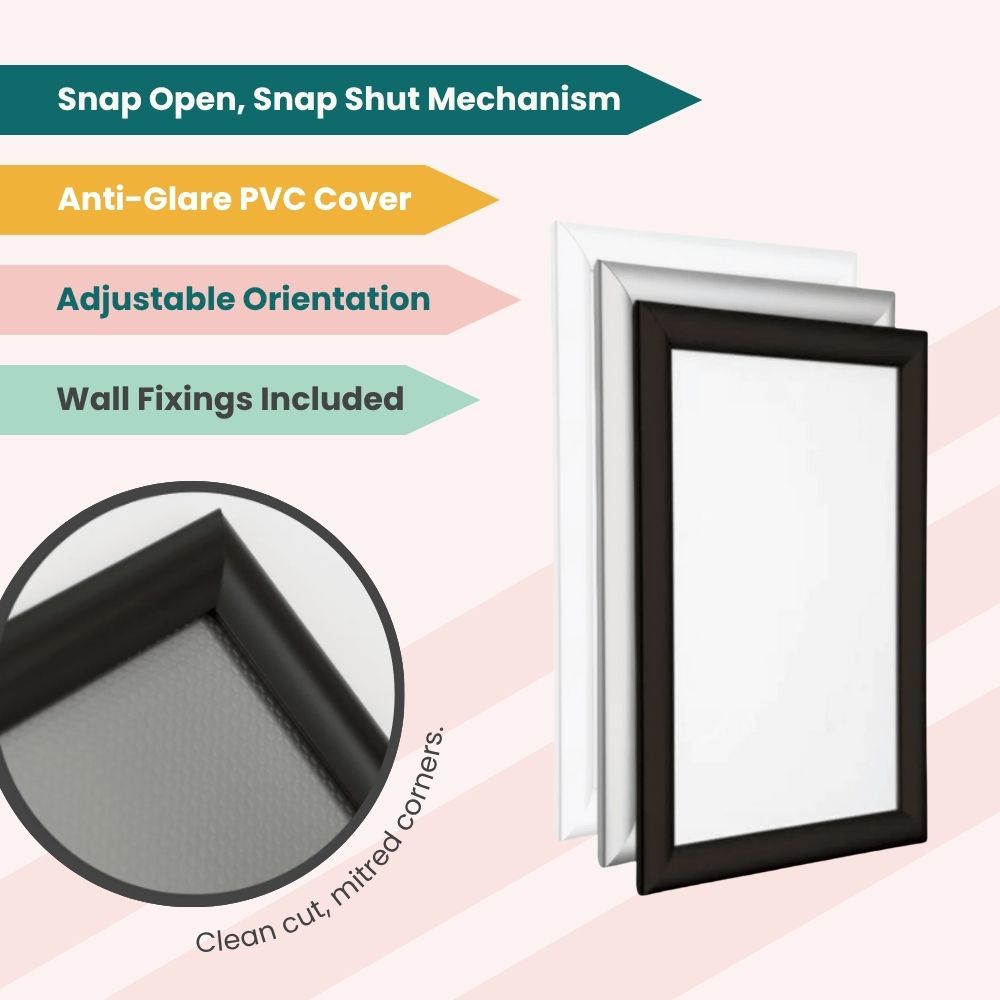 Snap-open frame with anti-glare cover and portrait/landscape flexibility, built for fast poster swaps.