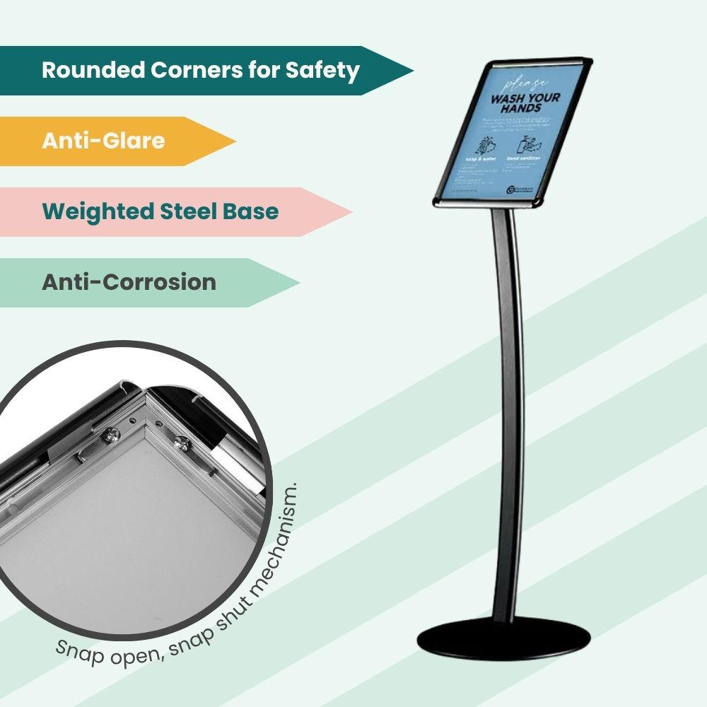 Freestanding sign holder with curved pole and snap-open frame, shown with feature tags for anti-glare surface, corrosion resistance, and weighted base.