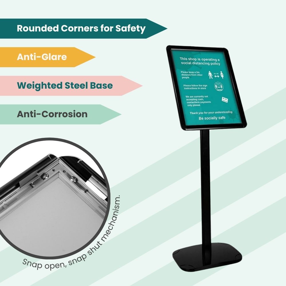 Freestanding sign holder with social distancing message and feature highlights including anti-glare surface, steel base, and snap frame mechanism.