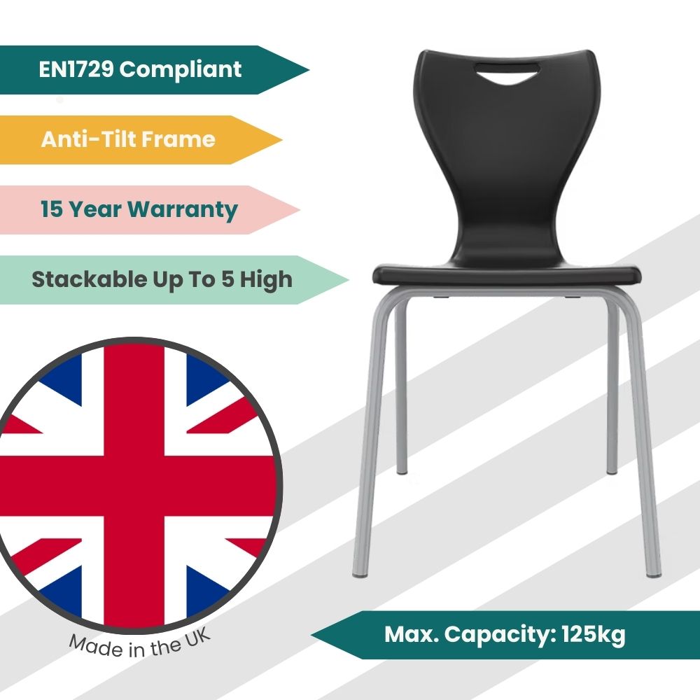 Black anti-tilt classroom chair showing angled rear legs for stability; BS EN1729 compliant and made from 100% recycled polypropylene for eco-friendly school furniture.