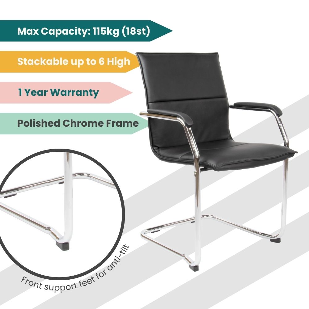 Black office chair with cushioned seat and backrest, polished chrome cantilever frame, and anti-tilt front feet. Stackable up to six units and rated to 115kg, designed for efficient storage and ergonomic seating.