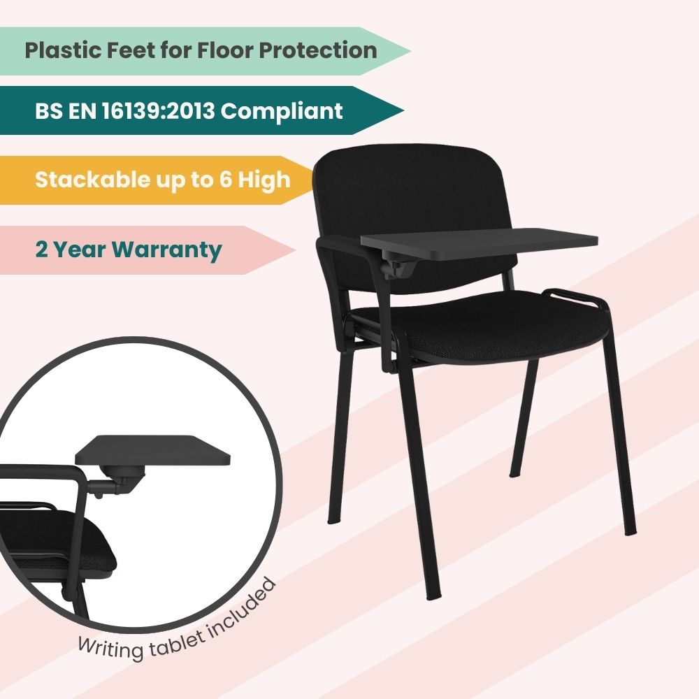 Line drawing of a lecture chair with tablet arm showing total width, depth, height and detailed seat and back measurements for space planning reference