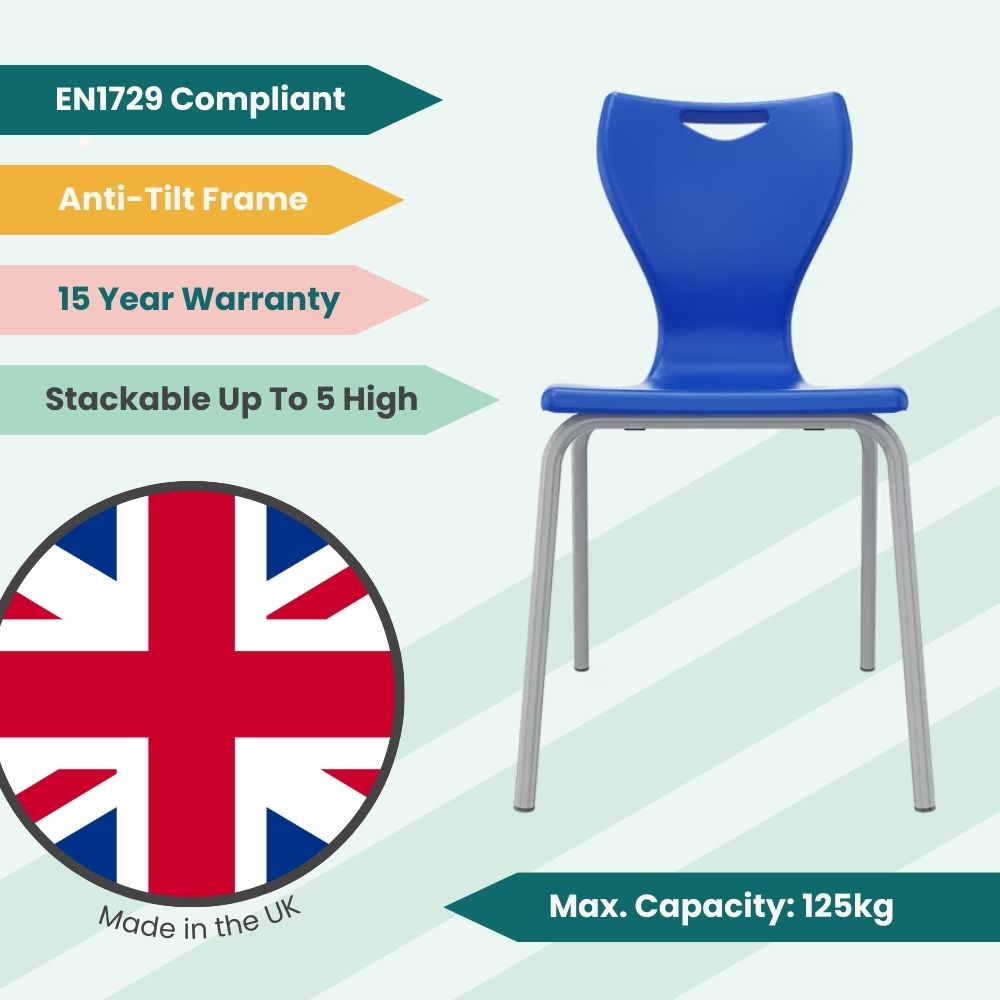Stackable blue anti-tilt student chair featuring a grey powder-coated frame and ergonomic seat shell for classroom postural support.