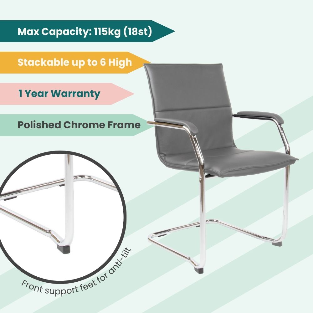 Promotional graphic of grey cantilever chair with polished chrome frame, anti-tilt front support feet, and stackability up to six units. Rated to 115kg with 1-year warranty, ideal for multi-purpose commercial use.