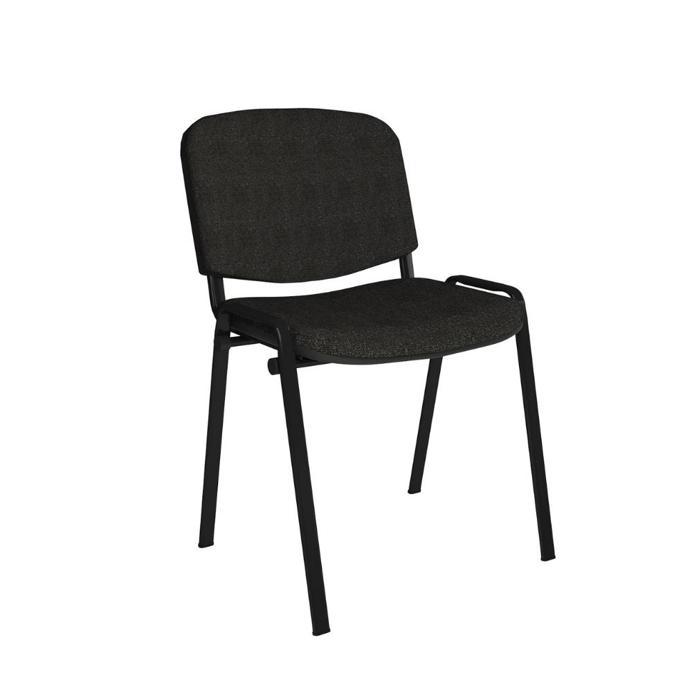 Grey stackable chair with padded seat and backrest, supported by a metal four-leg frame. Designed for utility in meeting rooms, classrooms, or reception areas where space-saving and durability are key.