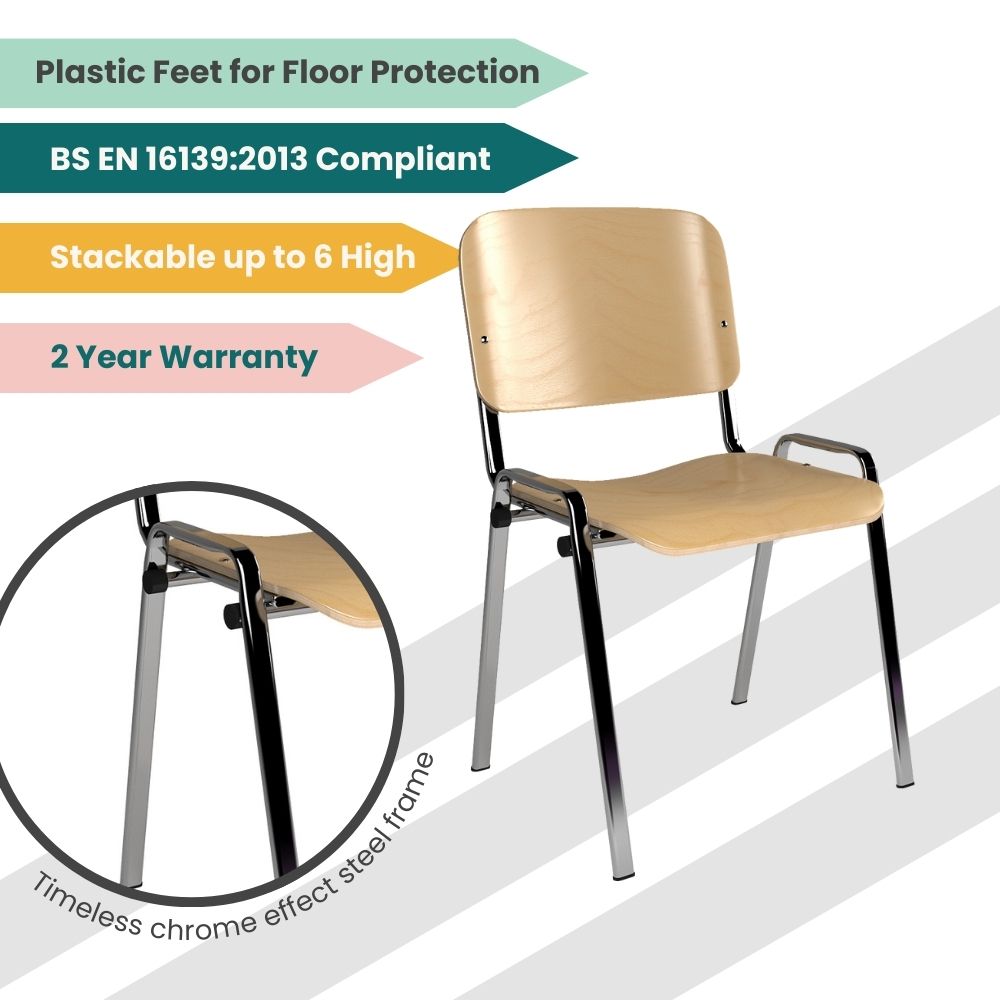 Stackable wooden guest chair featuring chrome effect steel frame, plastic floor protecting feet, EN 16139 compliant construction and space saving design for high use venues