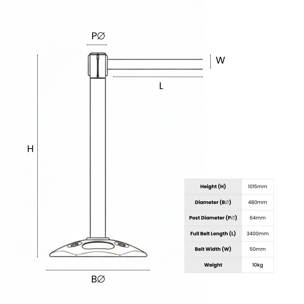 Technical diagram of stanchion post with labelled height, base diameter, post diameter, and belt specs for layout planning and safety compliance.