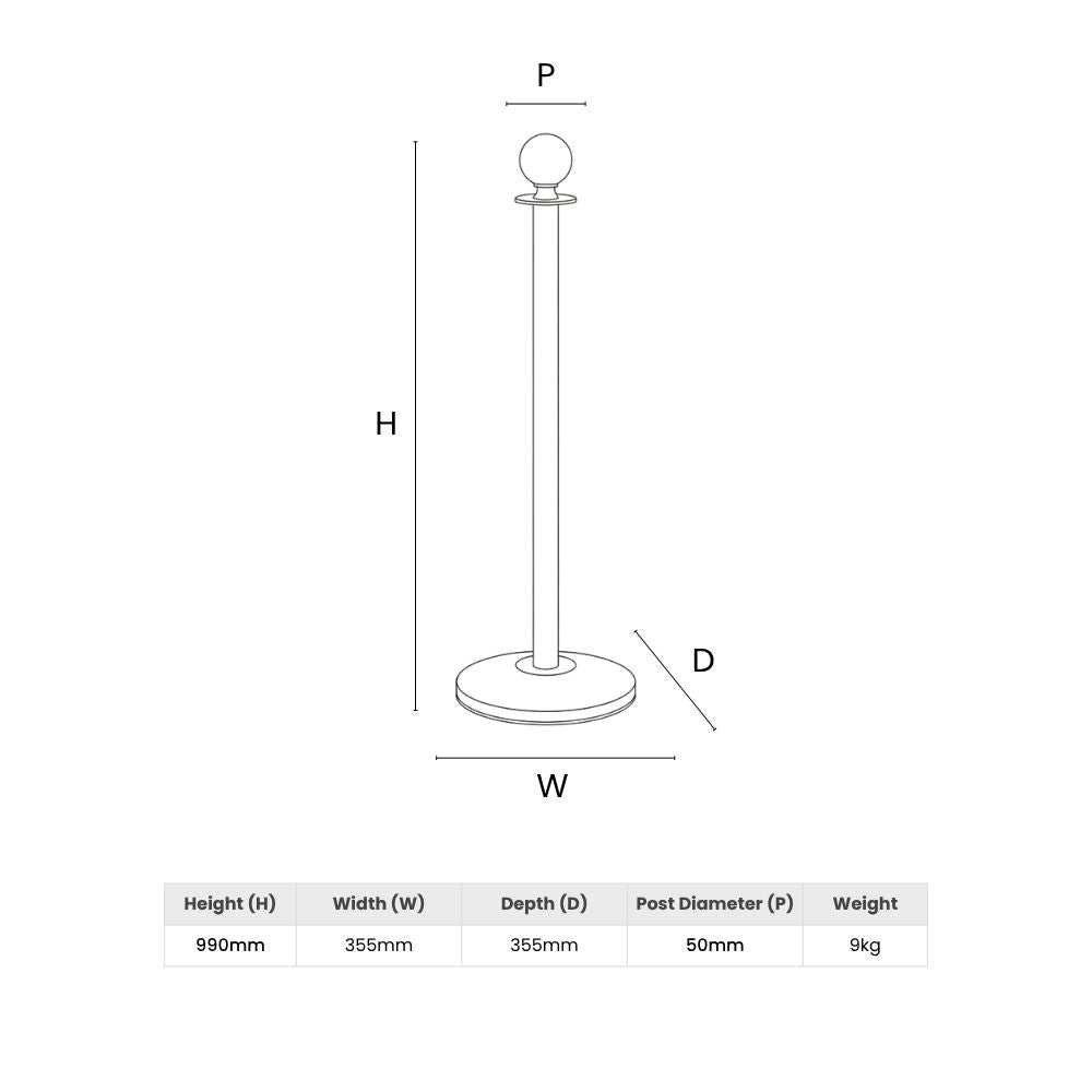 Technical diagram showing stanchion dimensions and weight, ideal for layout planning and venue specs.