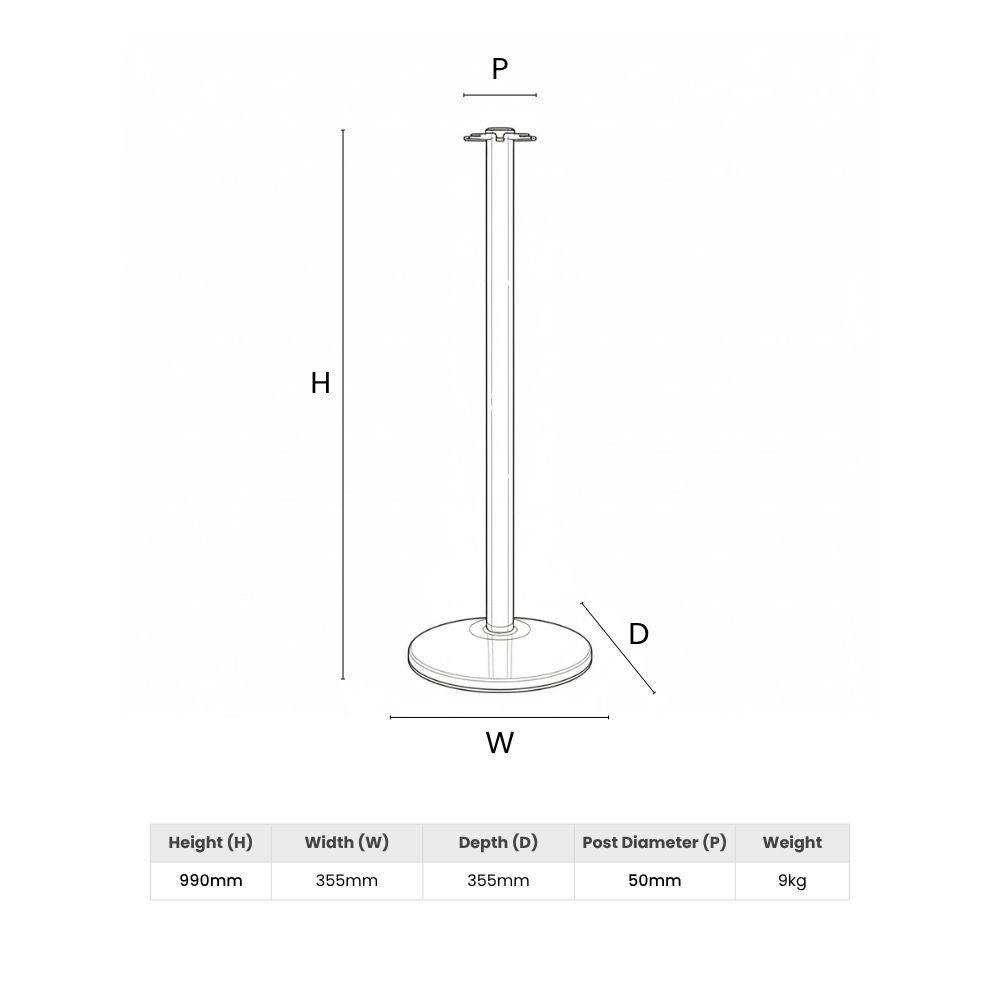 Technical diagram showing stanchion specs and footprint, ideal for layout planning and procurement decisions.