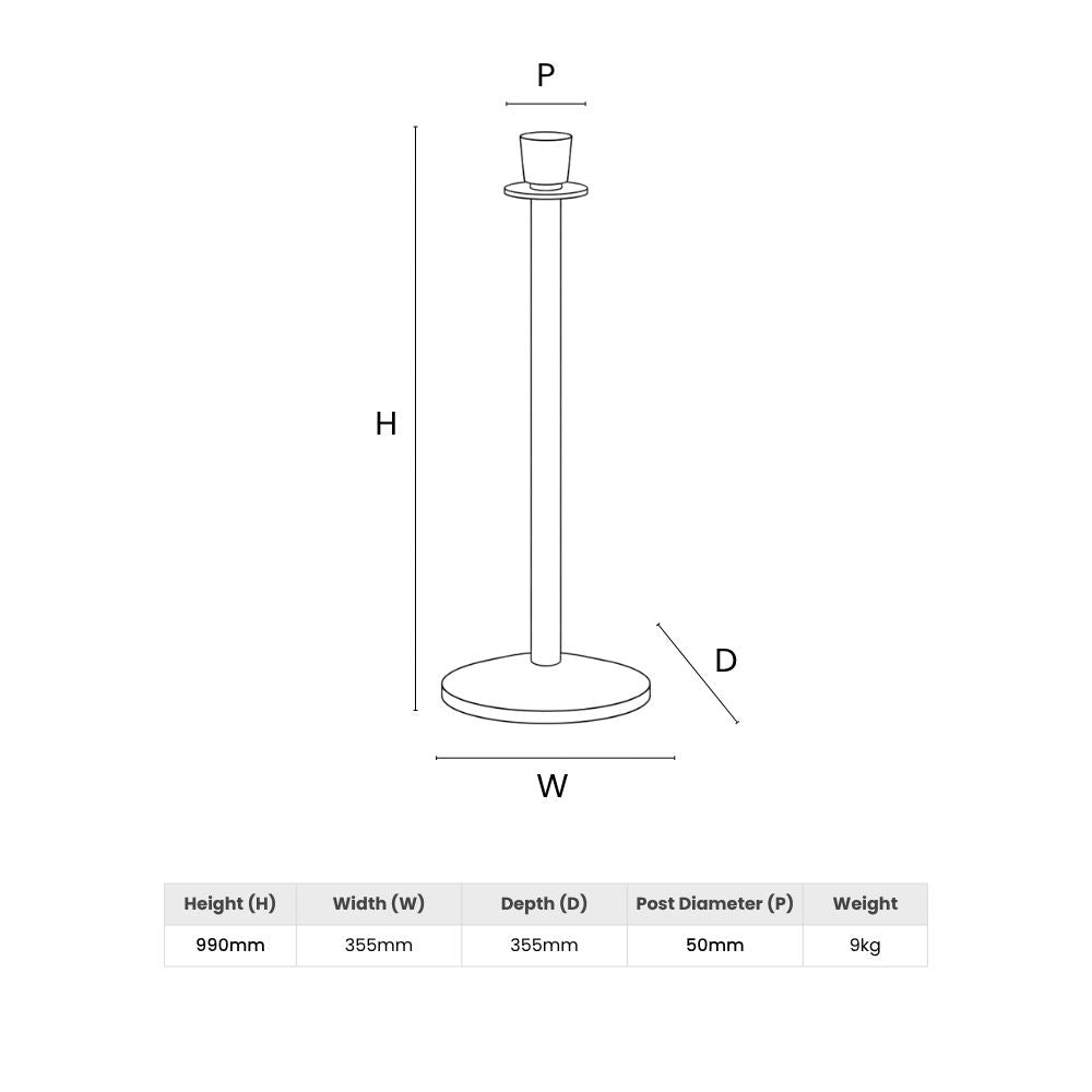 Technical drawing showing stanchion height, footprint, post diameter, and weight for venue planning and procurement.