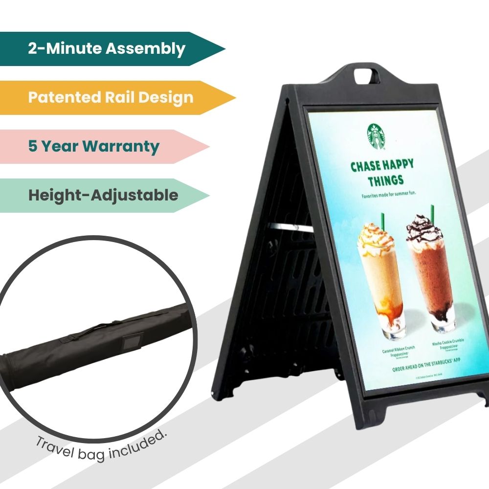 Portable A-frame sign stand featuring Starbucks summer drink promotion with travel bag and quick assembly.
