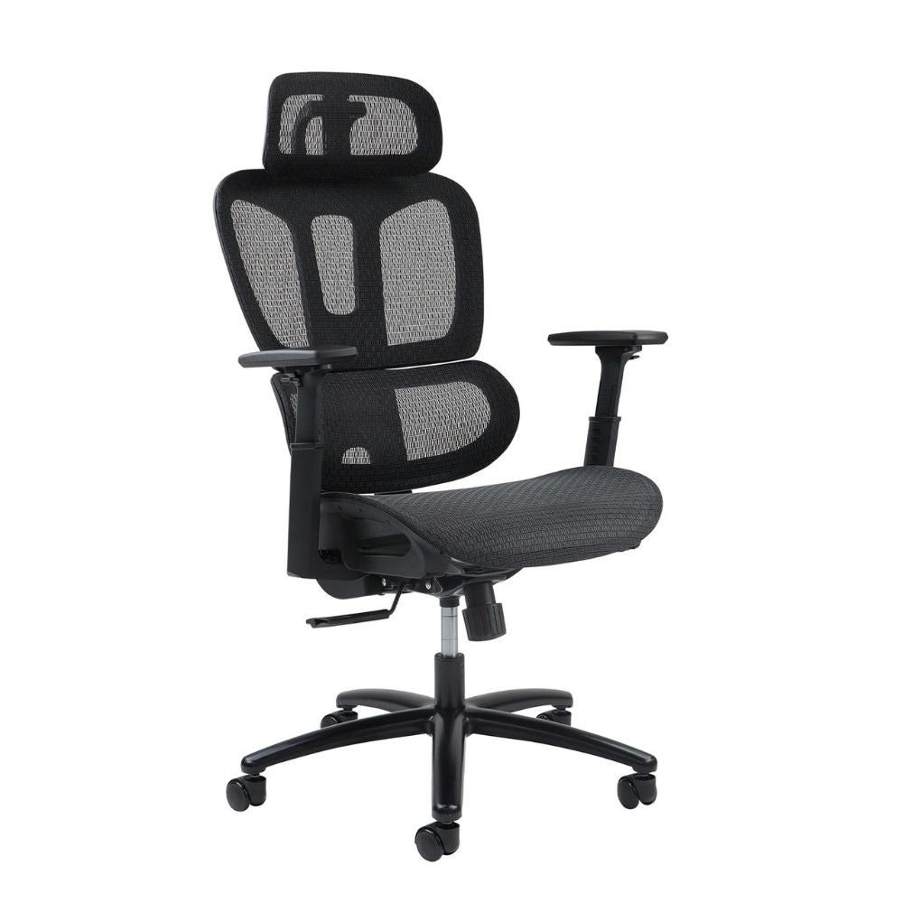 Black mesh office chair with steel base, 3D adjustable arms, tilt lock, and tension control. Rated to 115kg with a 3-year warranty, designed for durability and ergonomic comfort in commercial settings.