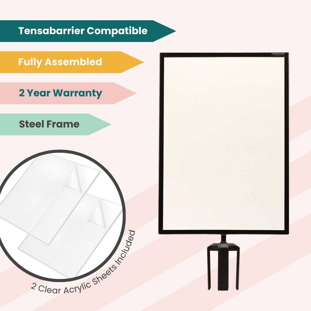 Display sign holder with steel frame and acrylic sheets, compatible with Tensabarrier systems, fully assembled with 2-year warranty.