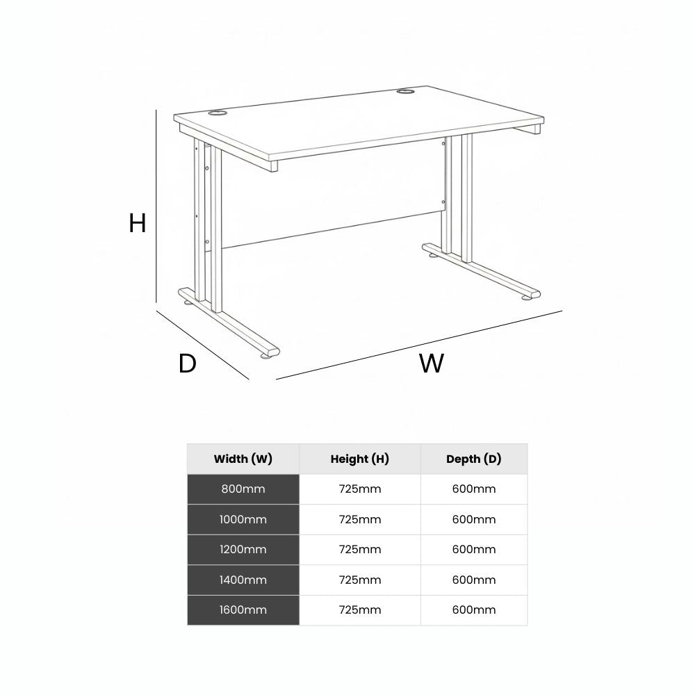 Technical diagram of a straight office desk showing labelled width, depth and fixed height measurements with multiple size options for workspace planning