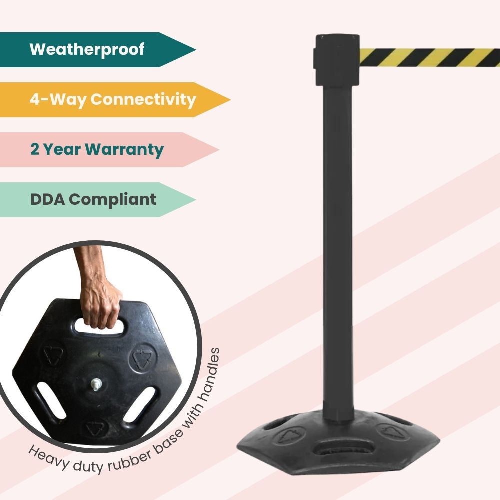 Black stanchion with caution-striped belt and rubber base, featuring belt brake and DDA compliance for restricted access zones.