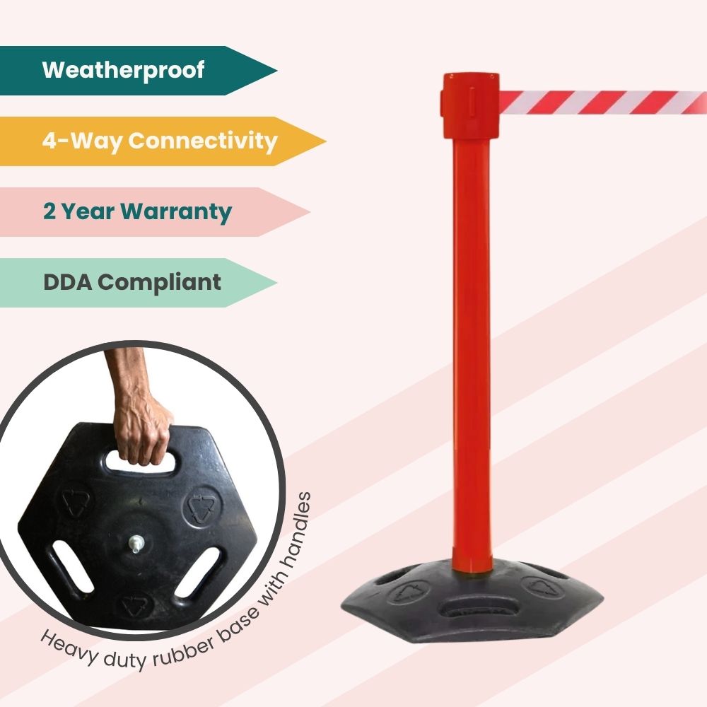 Red stanchion with red-and-white striped belt and rubber base, featuring belt brake and DDA compliance for crowd control.