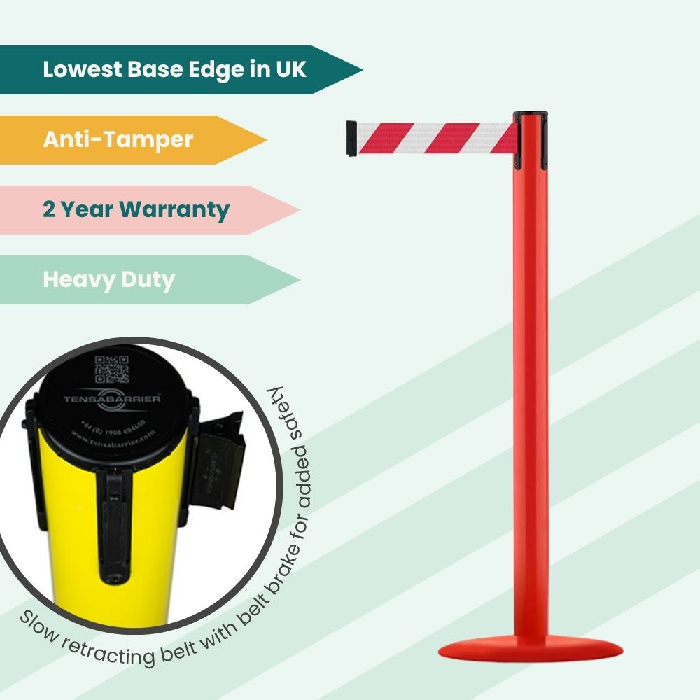 Red stanchion with red-and-white striped belt, belt brake, and anti-tamper design for high-visibility crowd control in safety zones.