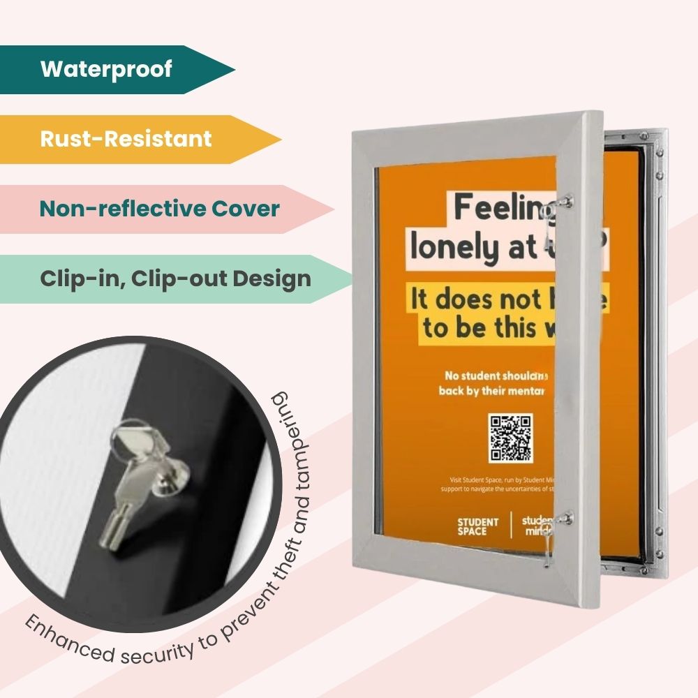 Lockable poster case with Student Space campaign, built for secure display in university settings.