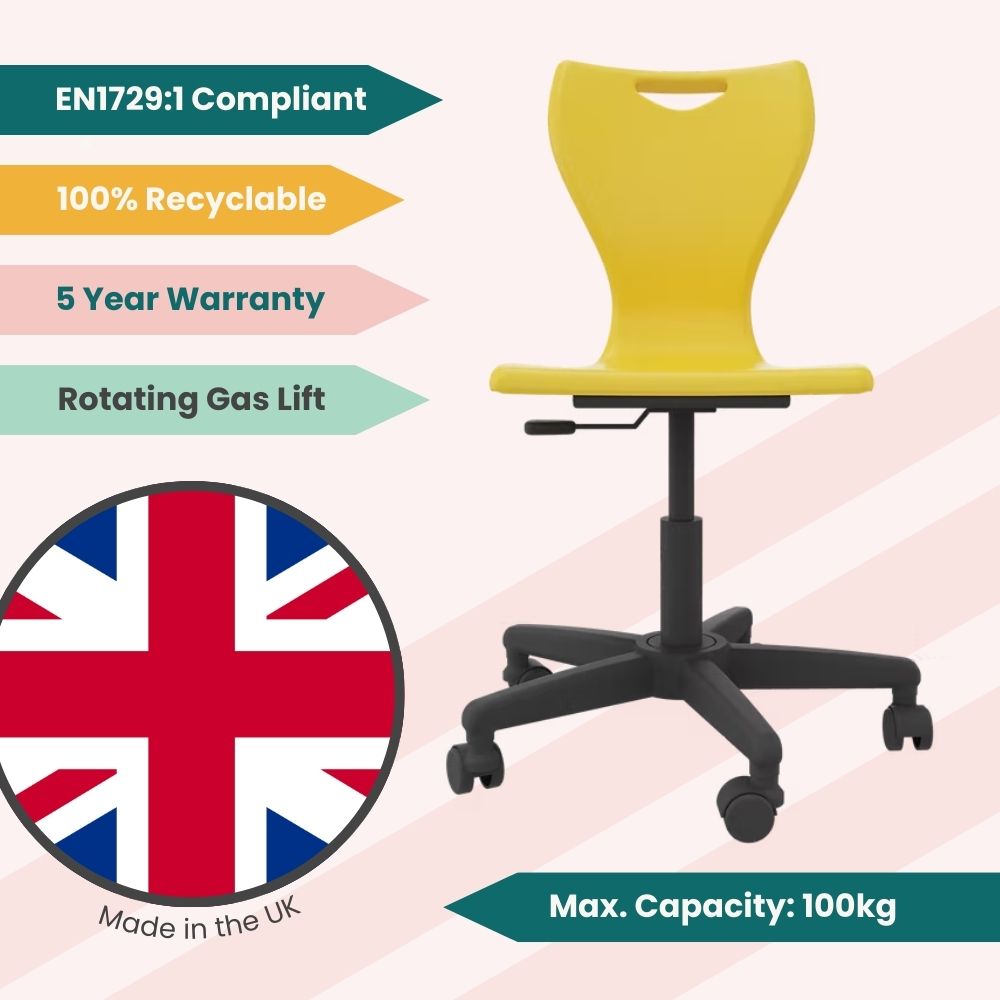 Graphic display of a sun-yellow student swivel chair illustrating the circular gas-lift system, 100kg load rating, and a 5-year structural performance guarantee.