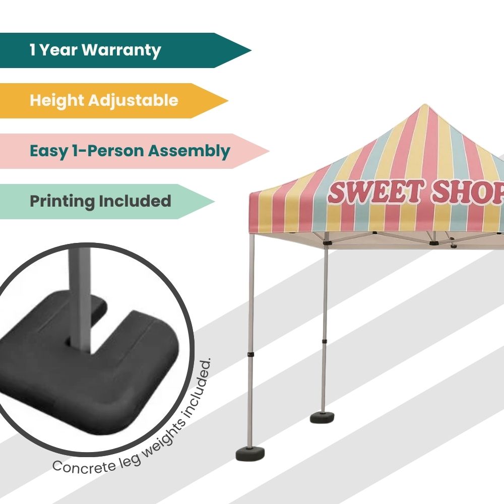 Promotional SWEET SHOP canopy tent with colourful stripes and feature tags for easy assembly, adjustable height, and concrete leg weights.