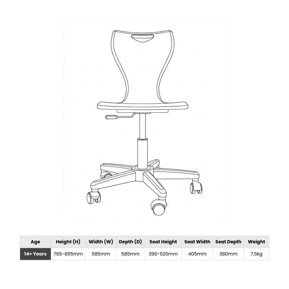 A detailed technical line drawing showing the adjustable height range of 765mm to 895mm and seat width of 405mm for the 14 plus years swivel computer chair.
