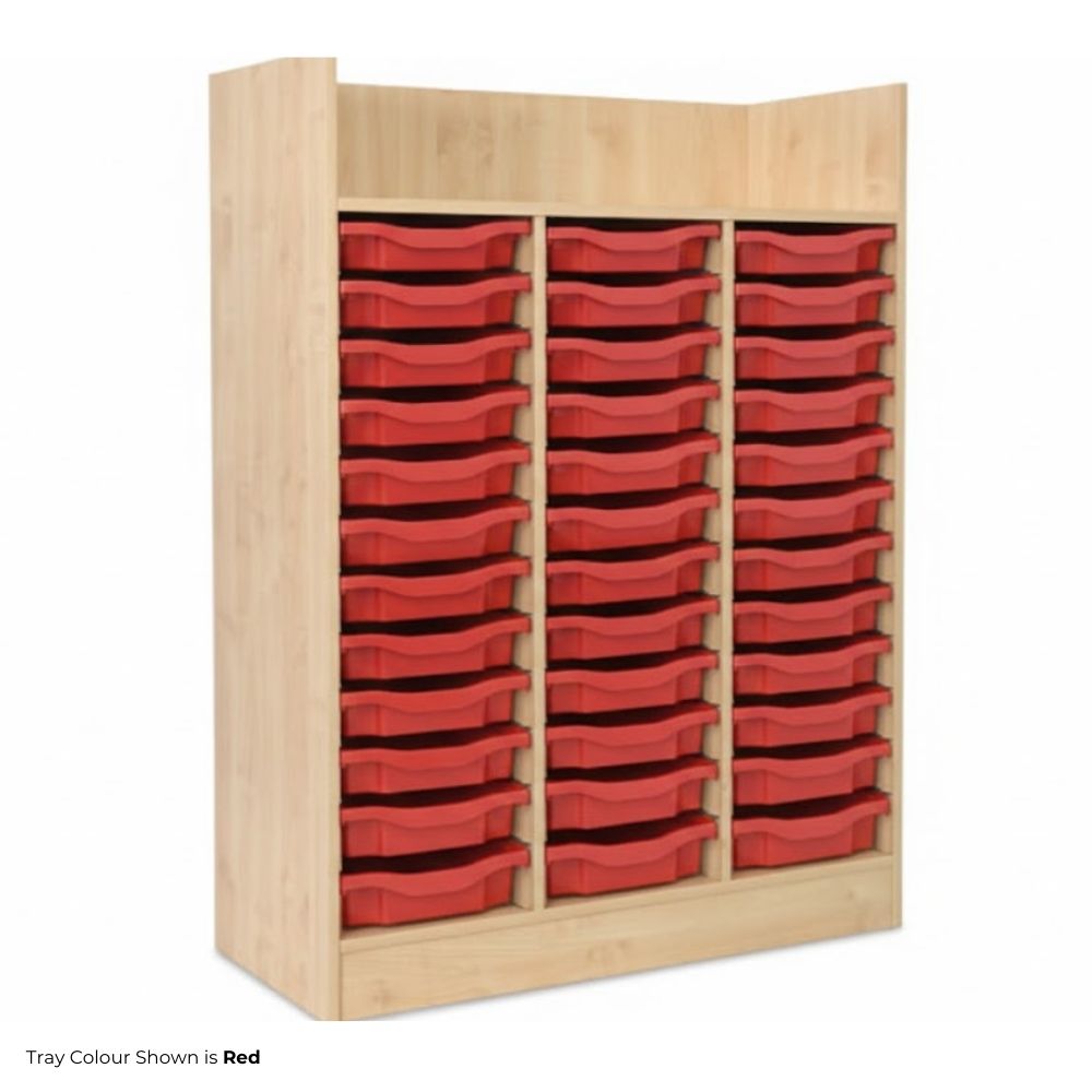 Vertical light wood storage unit with thirty vibrant red shallow trays arranged in three columns, perfect for classroom organisation.