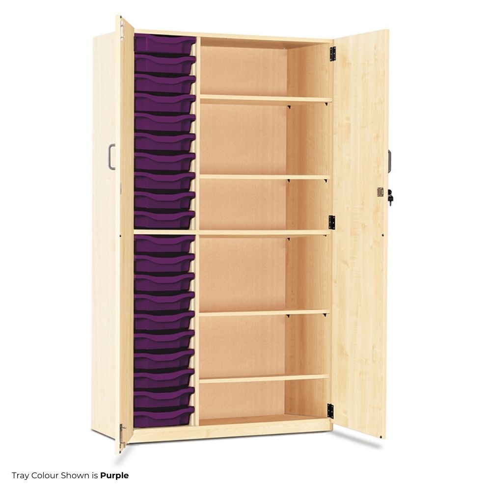 Light wood cupboard with double doors open, showing twenty shallow purple trays on the left side and a series of adjustable shelves on the right for varied storage needs.