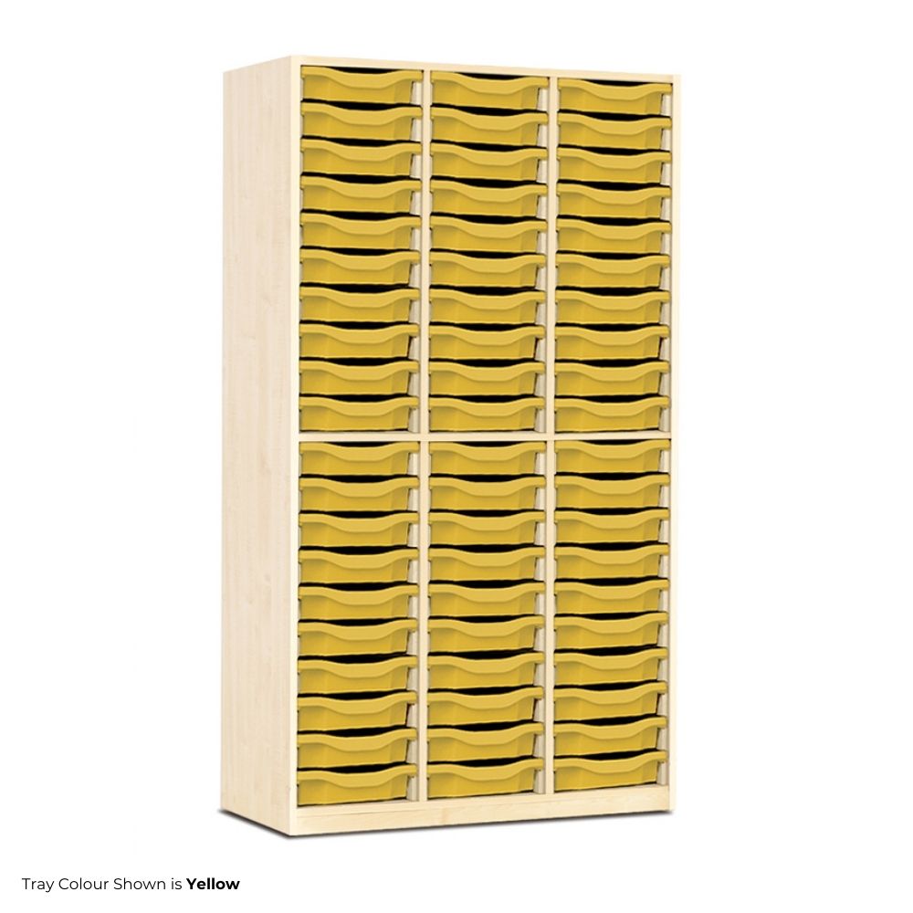 Light wood storage cabinet with sixty shallow yellow trays arranged in four columns, designed for efficient and accessible storage.