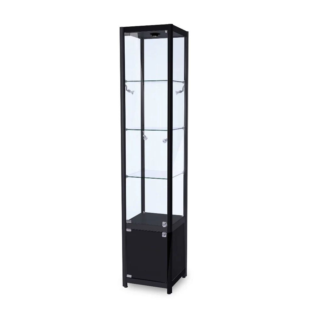 Slim black showcase featuring multiple glass shelves, lockable bottom section, and bright LED lighting for compact retail spaces.