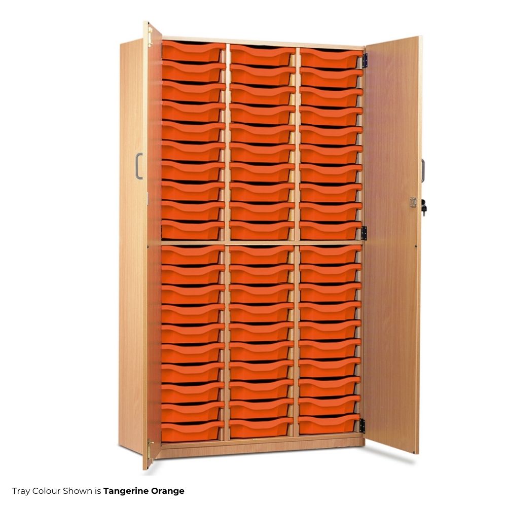Large wooden cupboard with double doors open, revealing sixty shallow tangerine orange trays arranged in four vertical columns, ideal for organised storage.