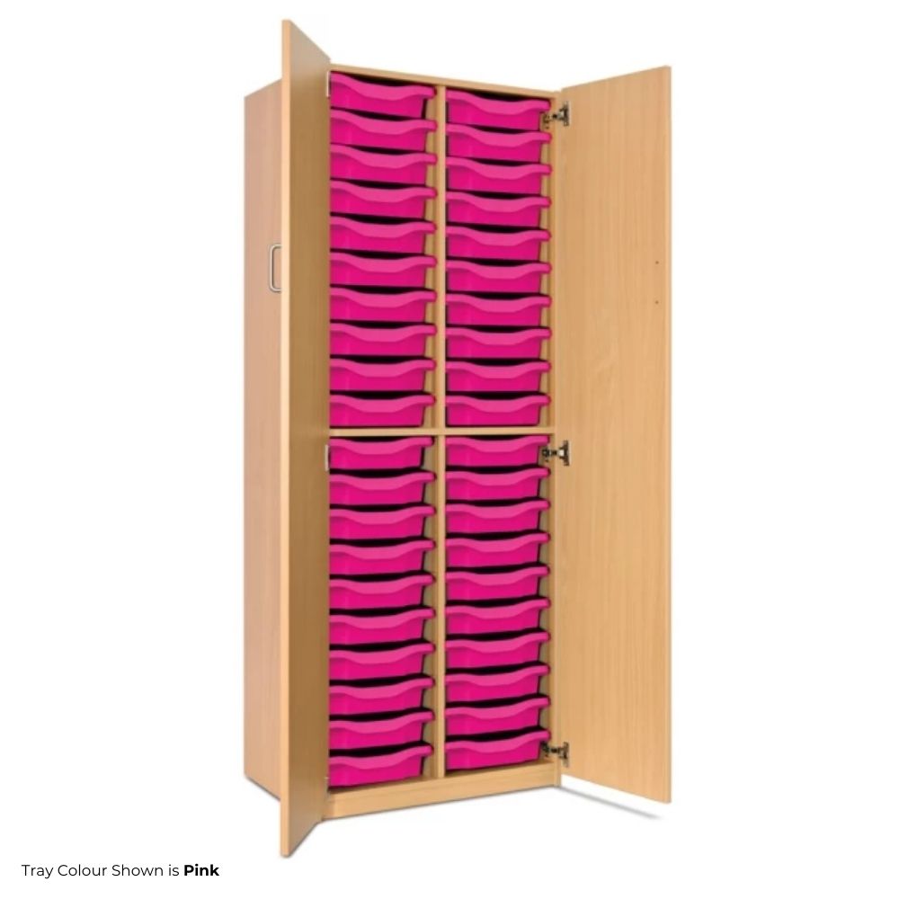 Wooden tall storage cupboard with open double doors, revealing thirty-two shallow pink trays neatly arranged in two columns.