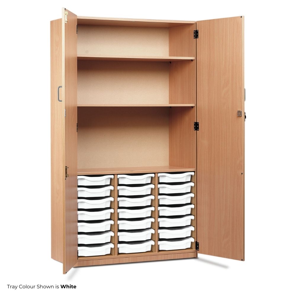 Tall wooden cupboard with double doors open, featuring twenty-one shallow white trays in the lower section and three adjustable shelves above for flexible storage.