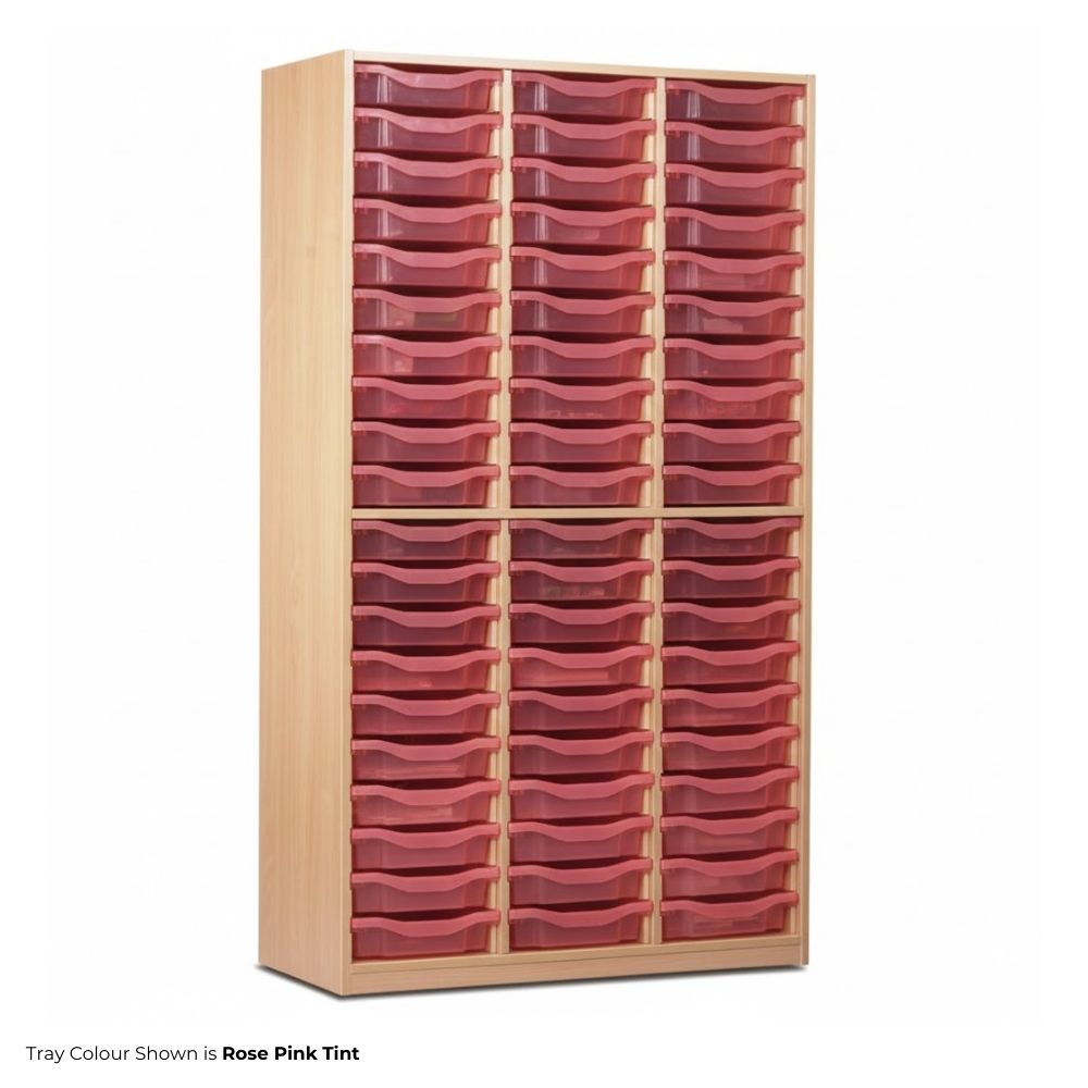 High-capacity wooden storage unit featuring sixty shallow rose pink tint trays in four vertical columns, ideal for classroom or office organisation.