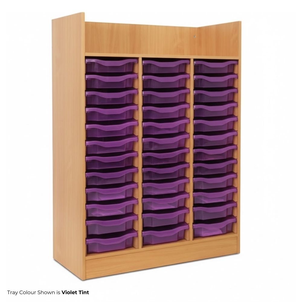 High-capacity wooden storage unit featuring thirty shallow violet tint trays in three vertical columns, ideal for schools or office filing systems.