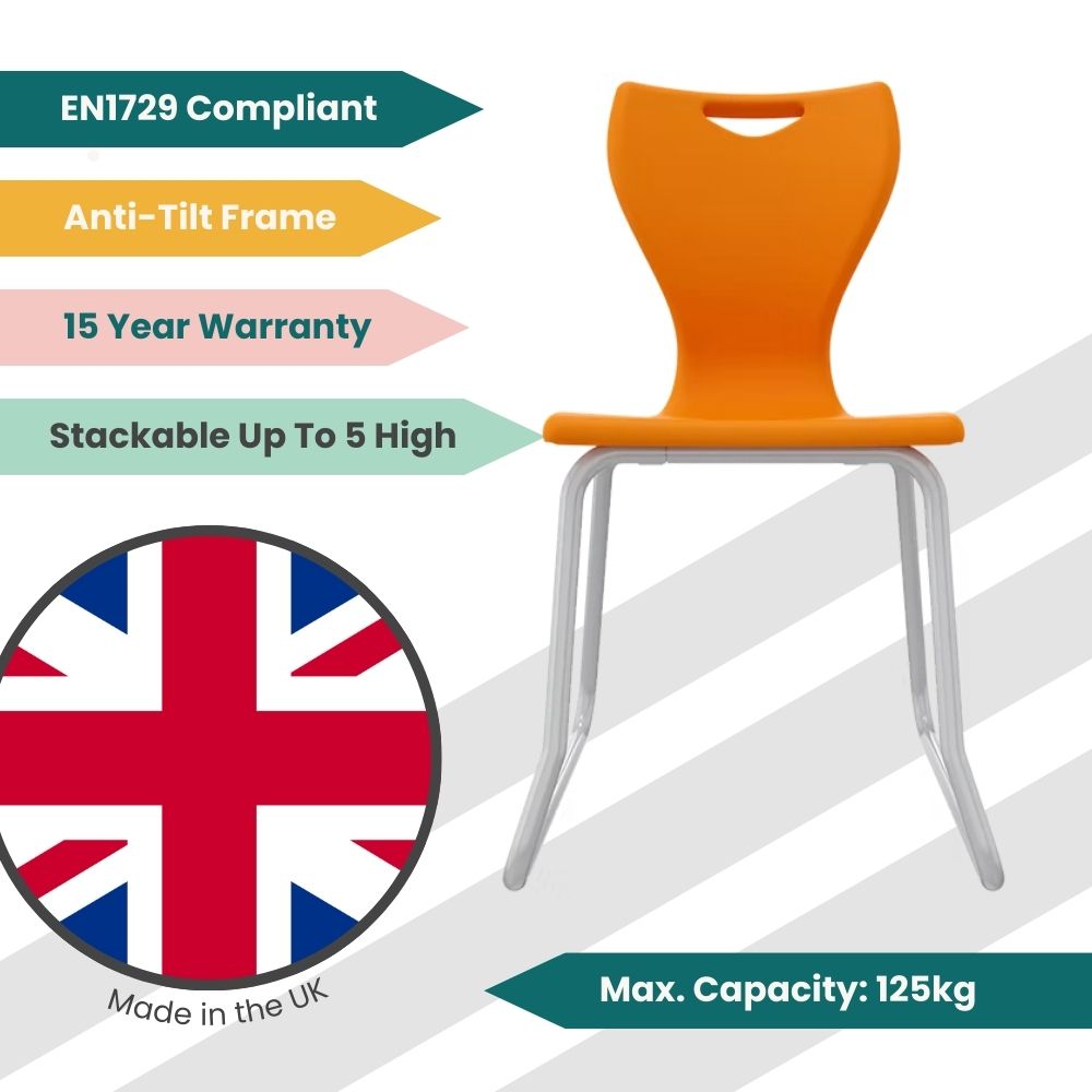 Tangerine-toned Size 6 educational seating with a reinforced steel skid frame, stability-tested to EN1729 standards for heavy-duty secondary school use.