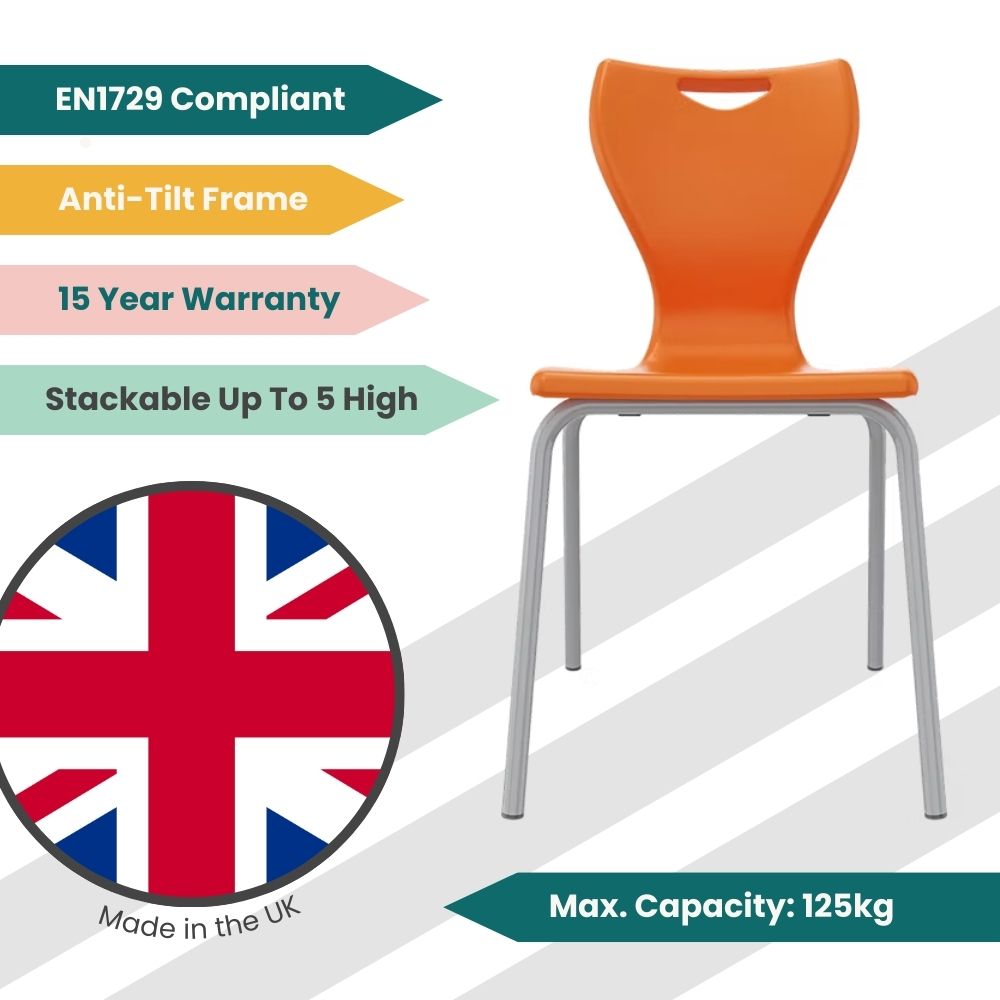 Vivid tangerine classroom seating with protective floor bungs and a high-tensile steel frame, providing a secure and energetic seating option for students.