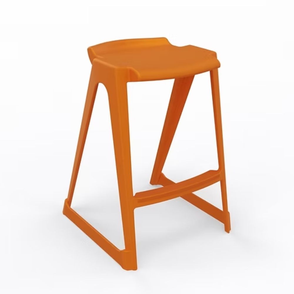 A durable tangerine-pigmented polymer low back stool with a 610mm seat height, featuring an integrated anti-sway base and a compact ergonomic backrest for active school laboratory environments.
