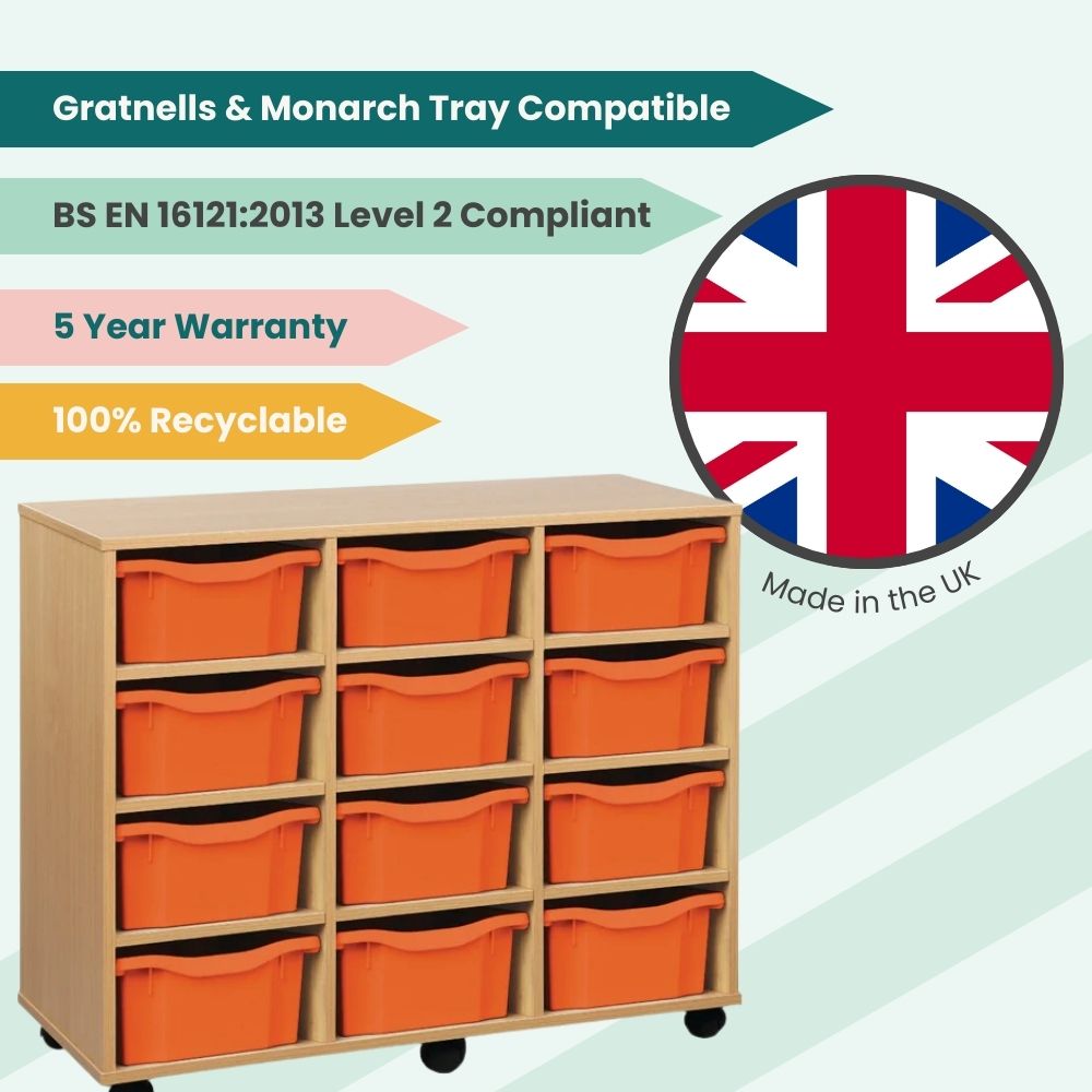 School storage unit with tangerine orange trays and a wooden finish, highlighted with UK-made badge, BS EN certification, tray compatibility, 100% recyclability, and five-year warranty.