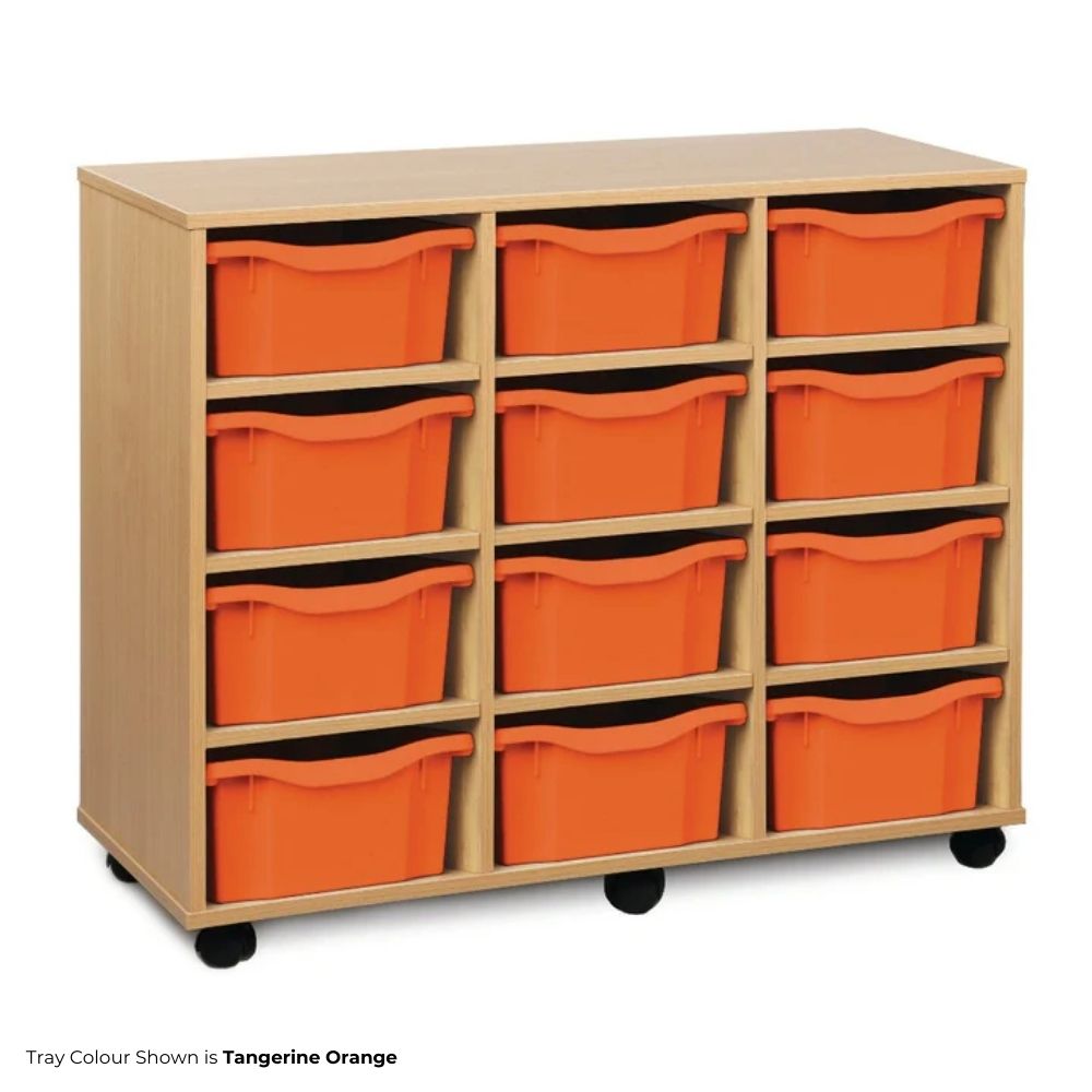 Educational storage unit featuring a wood frame and twelve tangerine orange double-height trays arranged in three columns, set on black castor wheels for mobility.