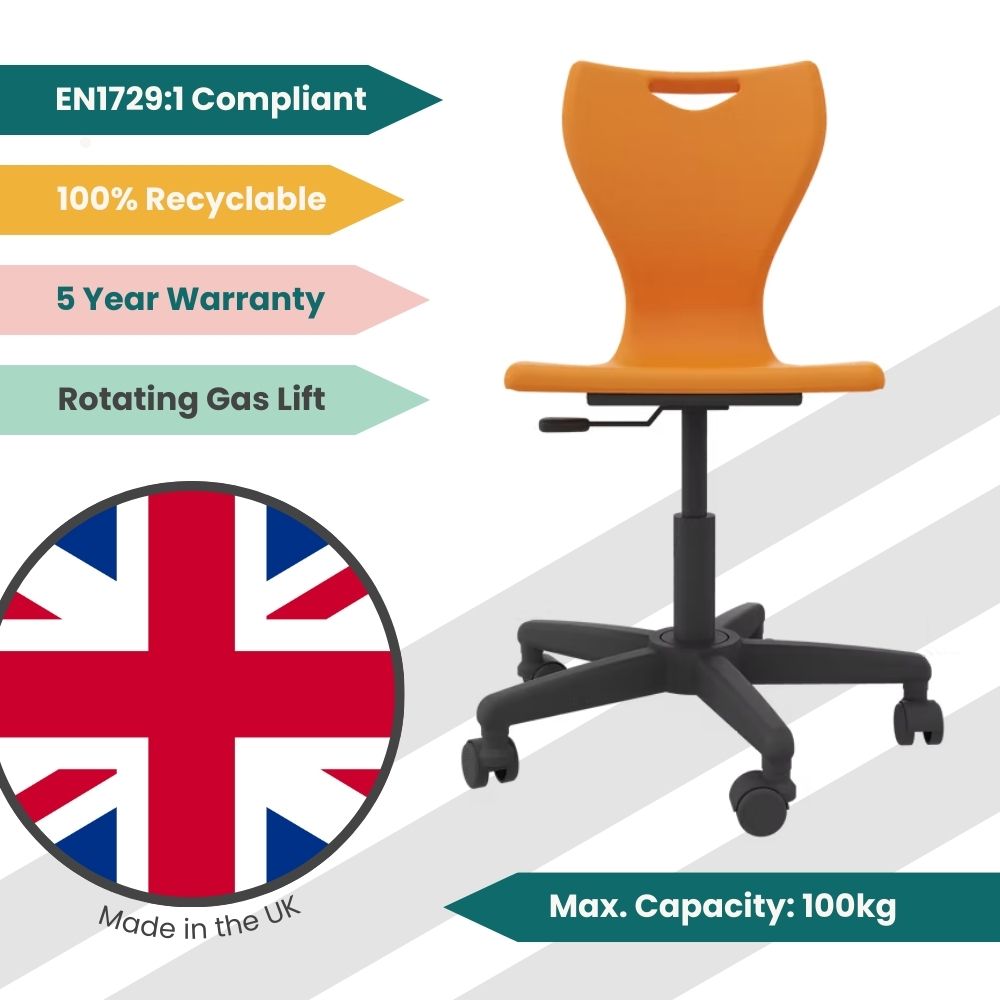 Infographic of a tangerine-toned mobile task chair highlighting its 100% recyclable shell, 5-year structural warranty, and rotating gas-lift mechanism